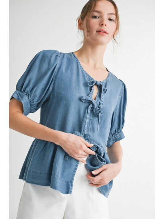 Denim Bow Peplum Top