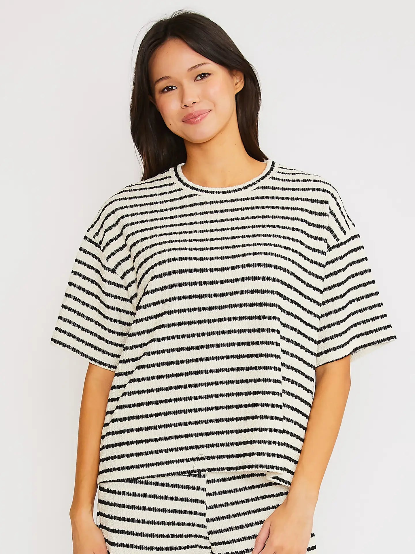 Puckered Jacquard Drop Shoulder Top