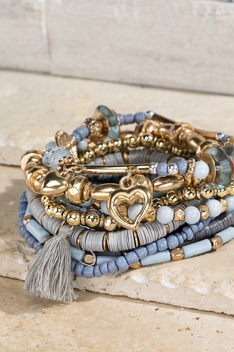 Mixed Media 12 Strand Bracelet Set - Gray/Gold URBANISTA