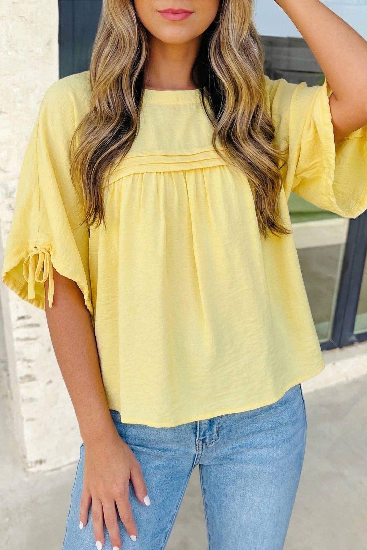 Tie Half Sleeve Pleated Detail Babydoll Blouse