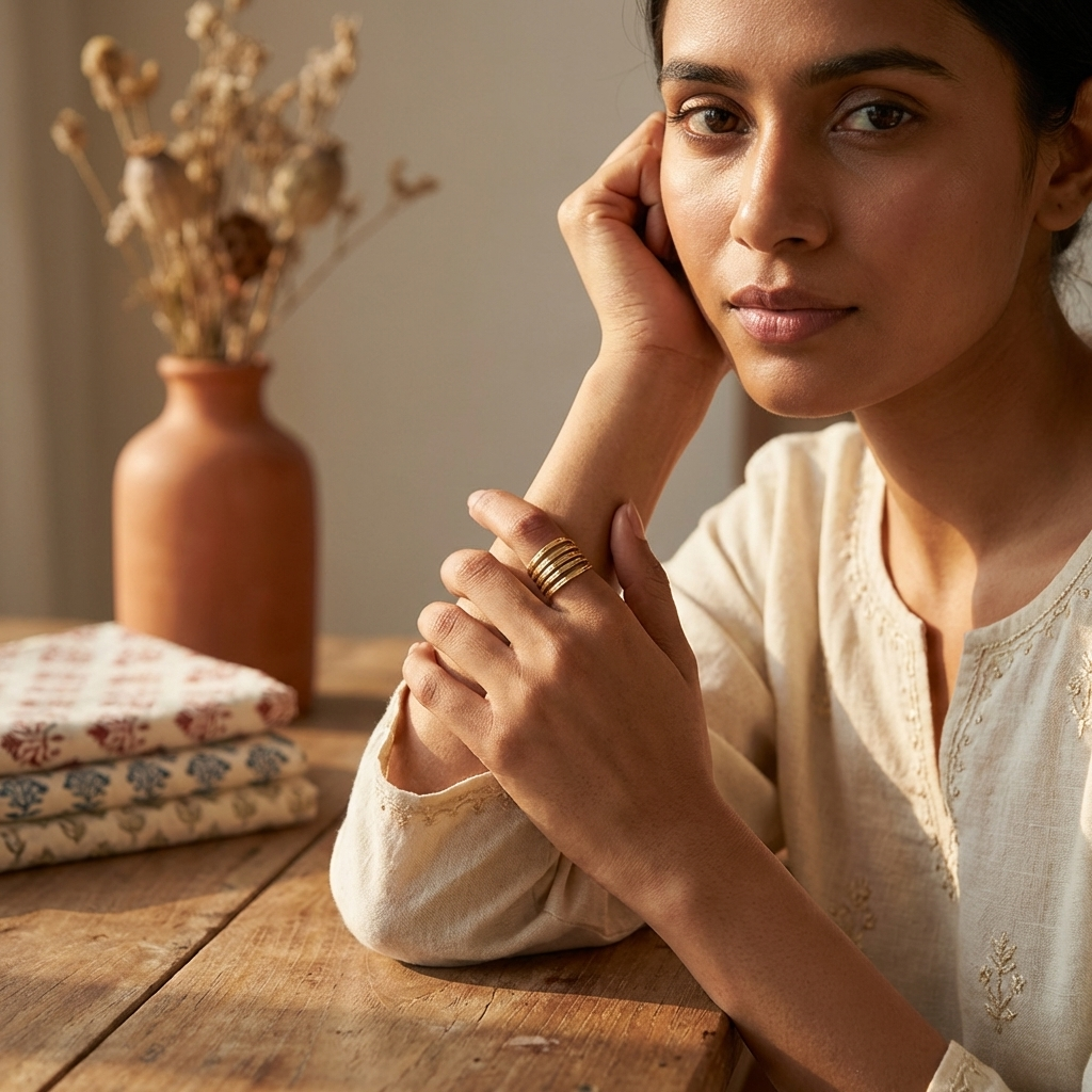 Gold Plated Adjustable Ring - Five Thick Bands