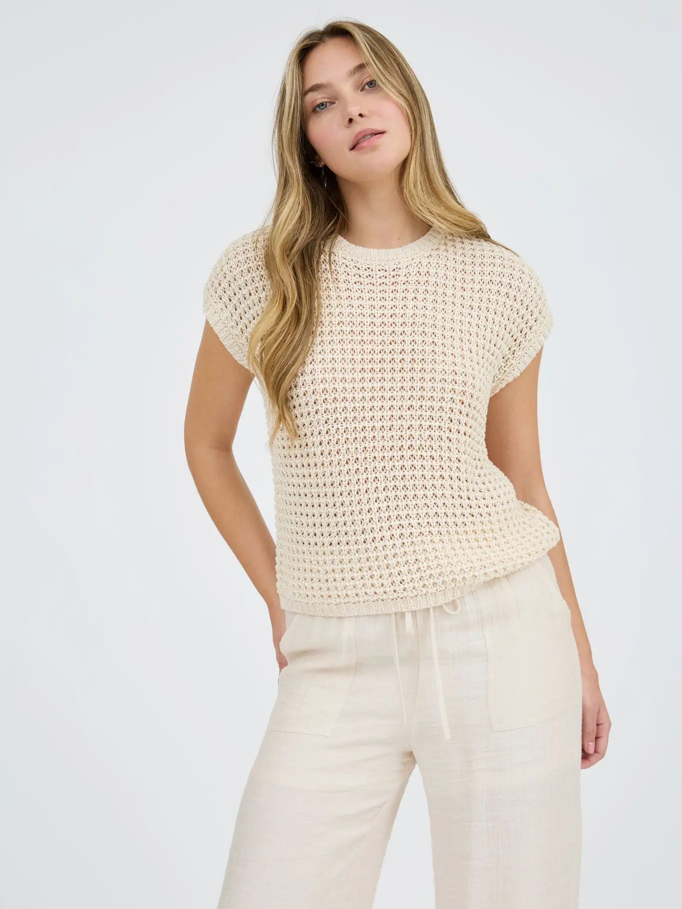Crochet Knit Batwing Short Sleeve Sweater