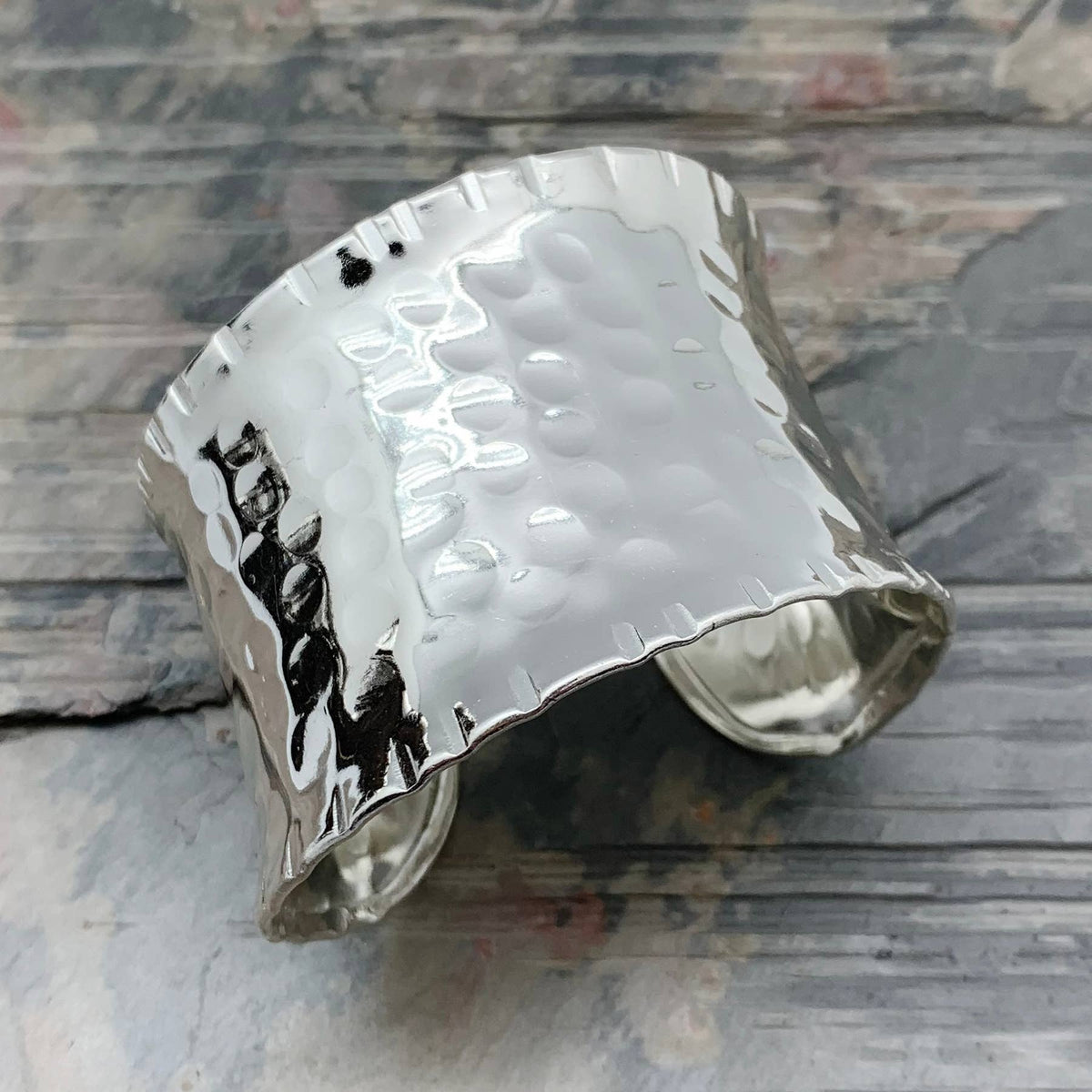 Silver Plated Adjustable Cuff Bracelet - Hammered Wide Cuff