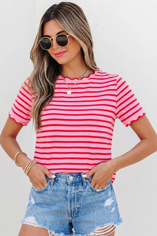 Stripe Scalloped Trim Round Neck T Shirt