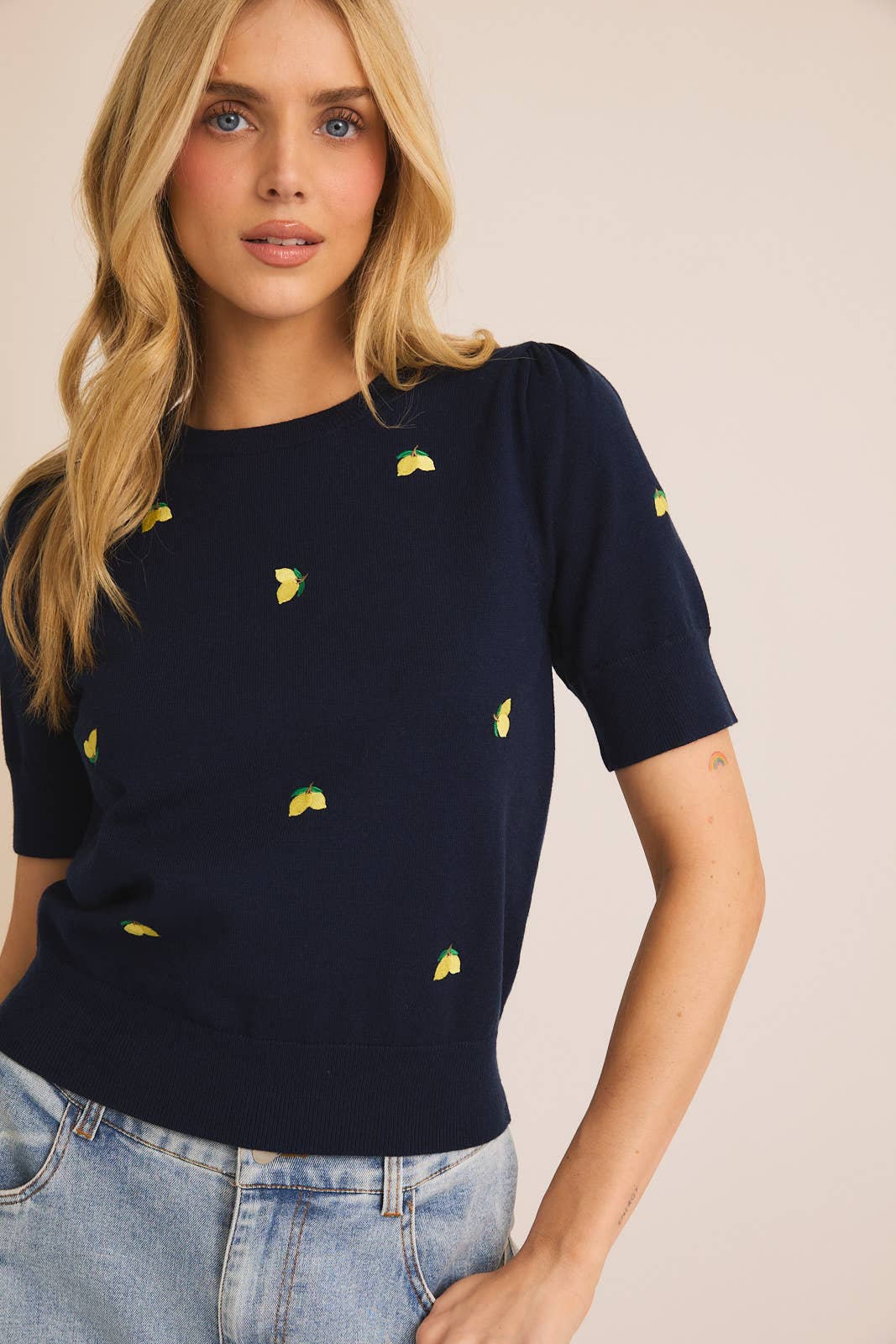 Round Neck Puff Sleeve Embroidered Knit Top