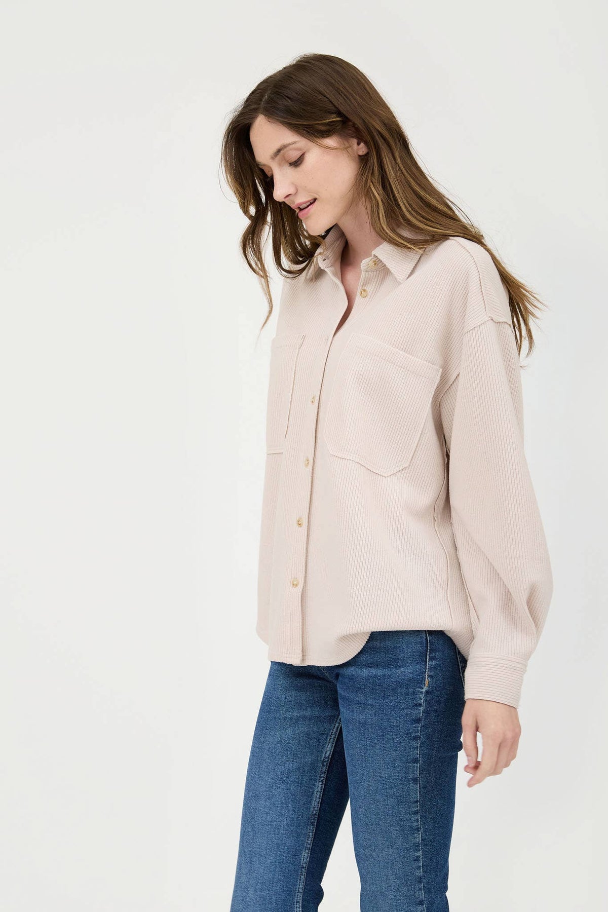 RIB KNIT EXPOSED SEAM BUTTON UP TOP