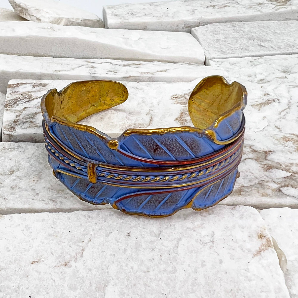 Brass Patina Cuff Bracelet - Blue Leaf