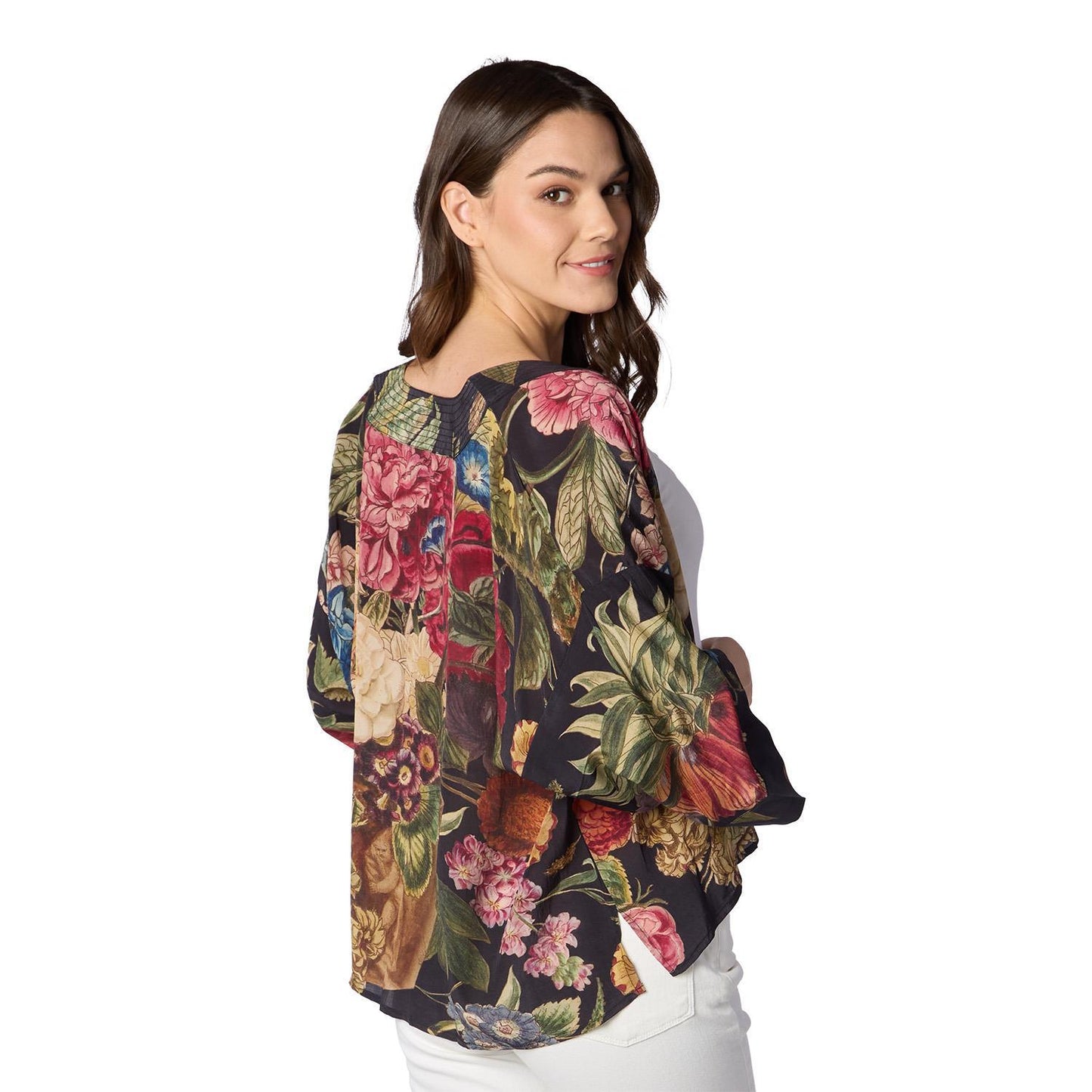 Primula Print Black Short Kimono