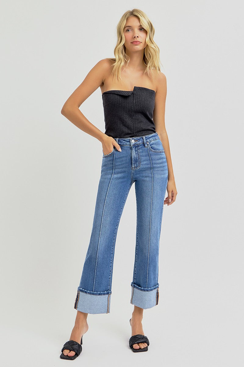 High Rise Ankle Straight Wide Cuffed Jeans