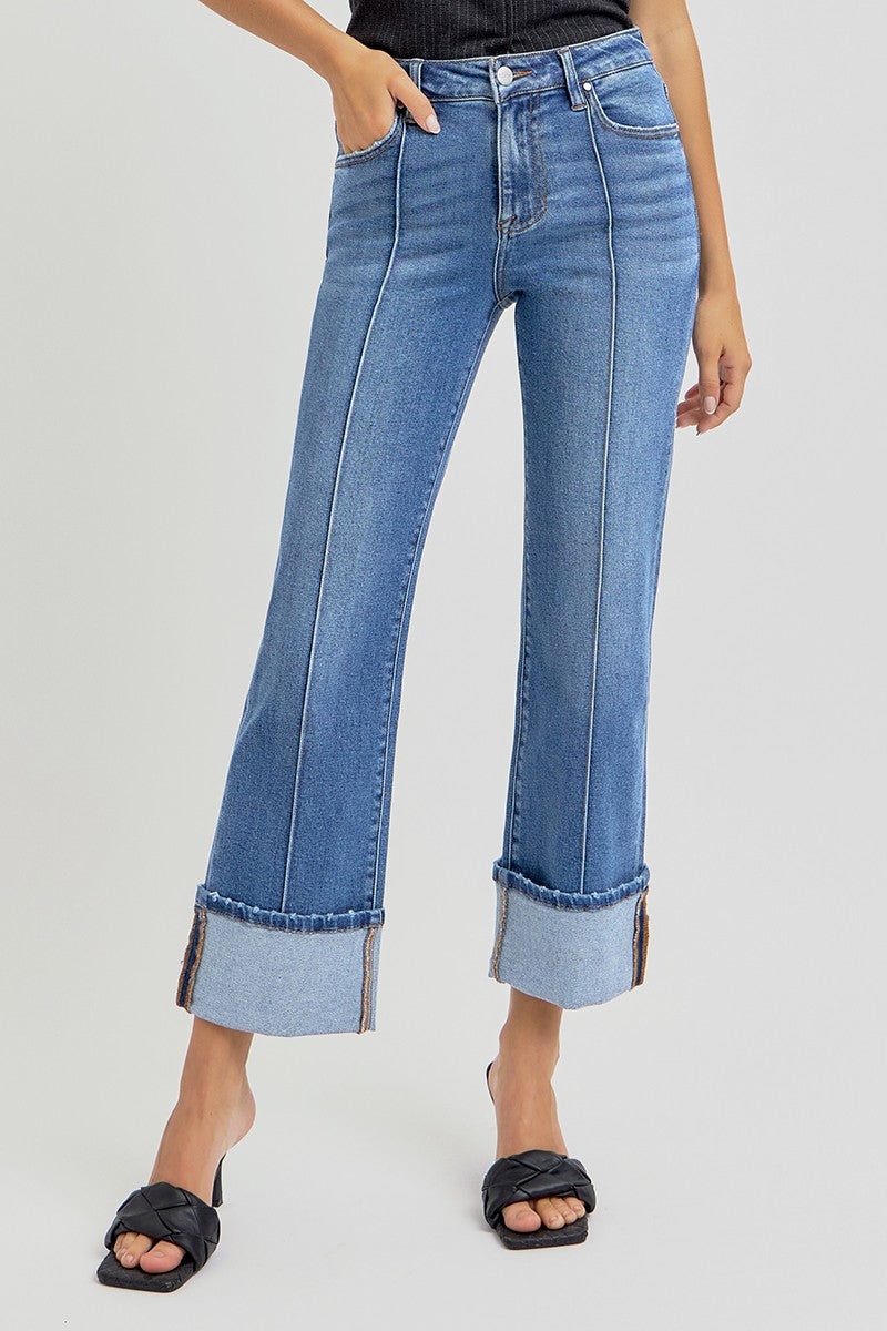 High Rise Ankle Straight Wide Cuffed Jeans