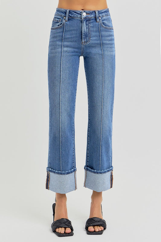 High Rise Ankle Straight Wide Cuffed Jeans