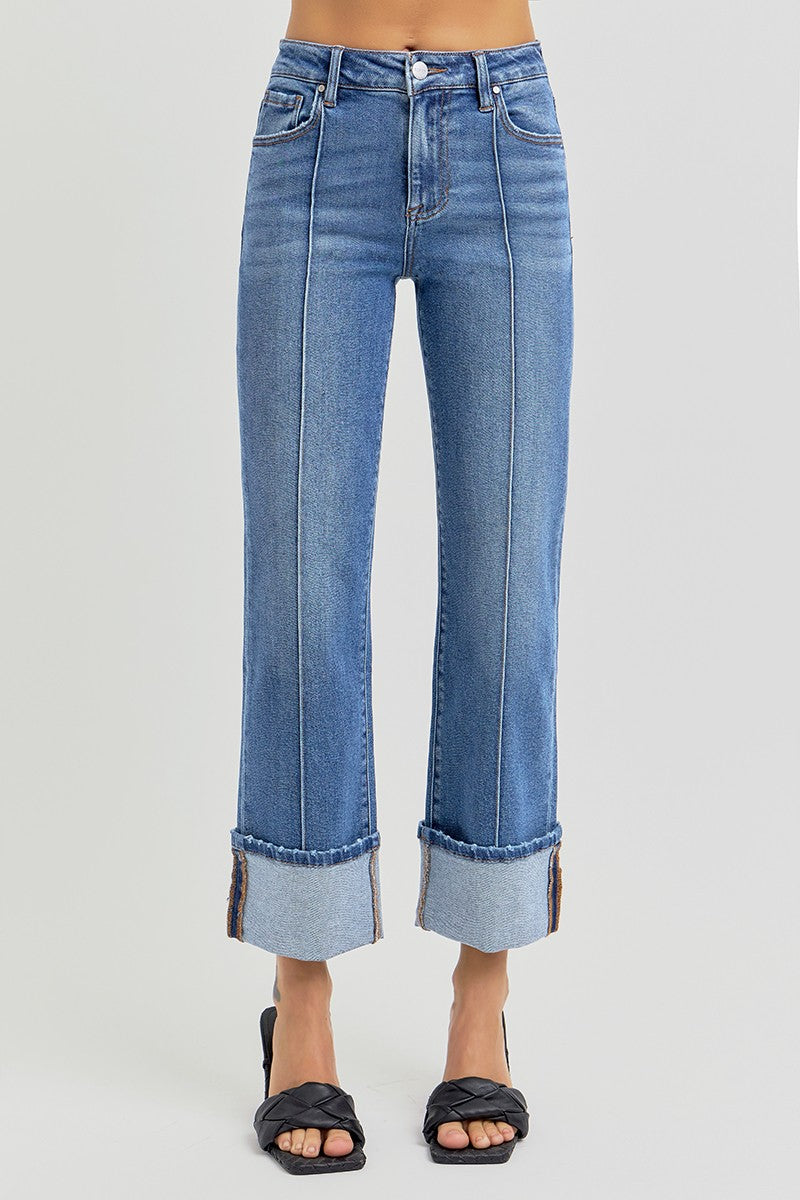 High Rise Ankle Straight Wide Cuffed Jeans