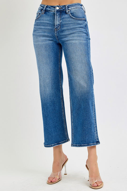 Mid-Rise Elastic Band Cropped Wide Leg Jean