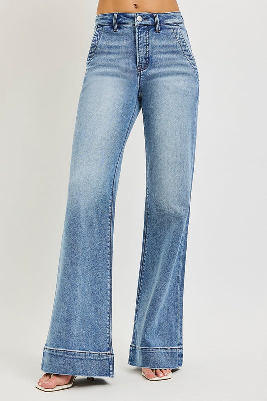 High Rise Tummy Control Wide Flare Jeans with Wide Hem