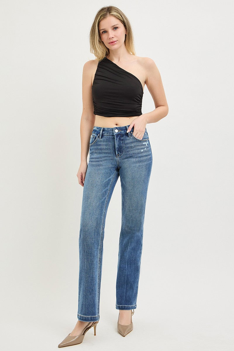 Mid Rise Tummy Control 4 Way Stretch Straight Jeans with Crease Line Detaiks