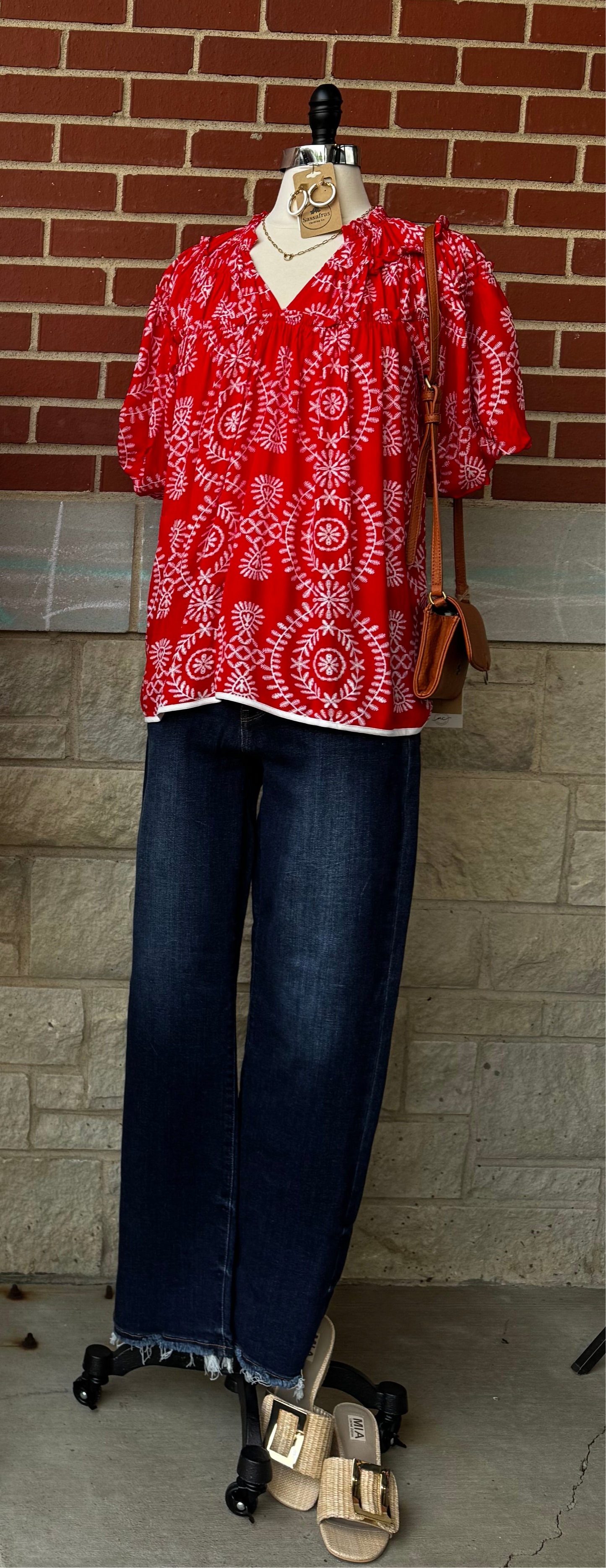 Ruffle Neckline with Shirring Short Balloon Sleeves Top