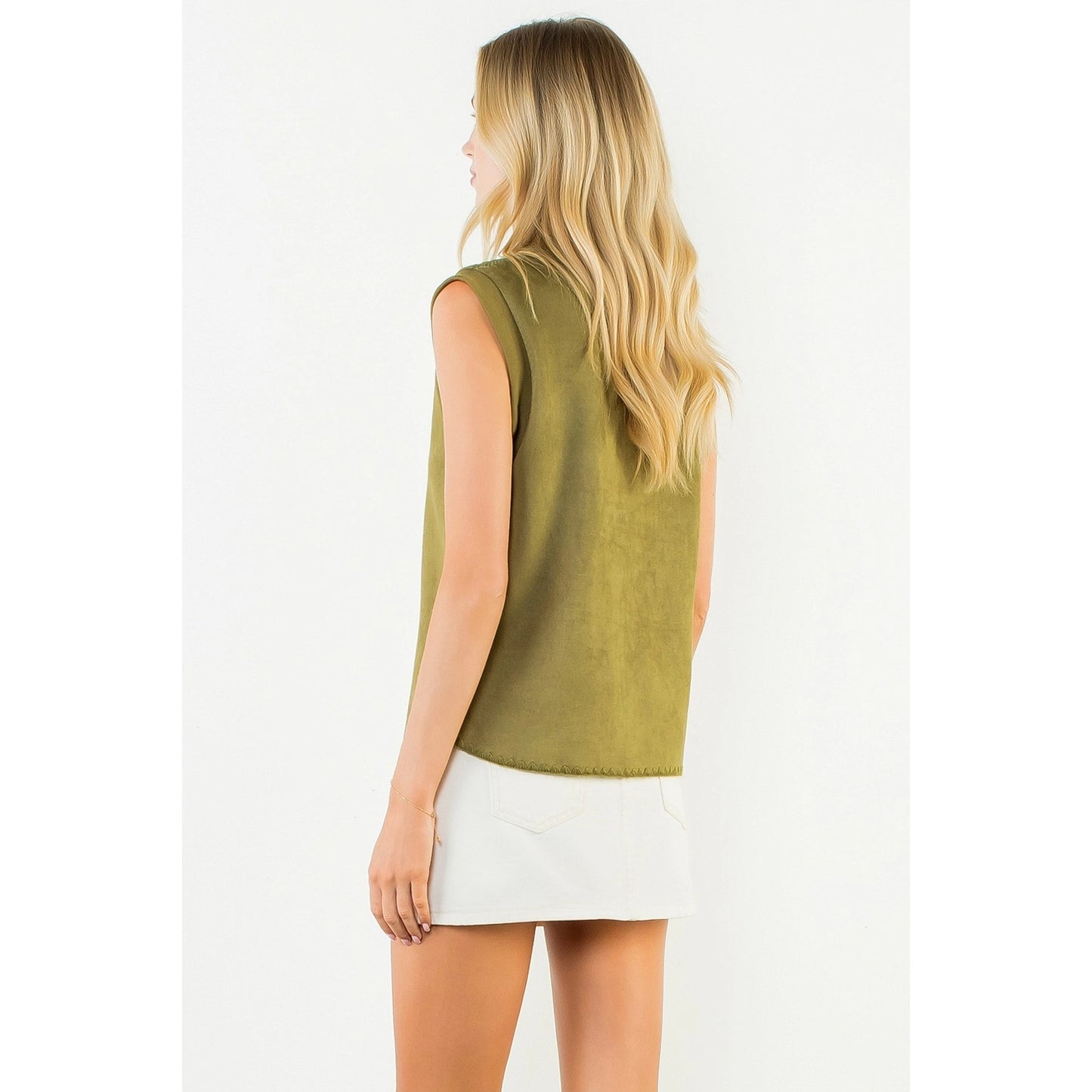 Sleeveless Suede Top with Stitch Detail