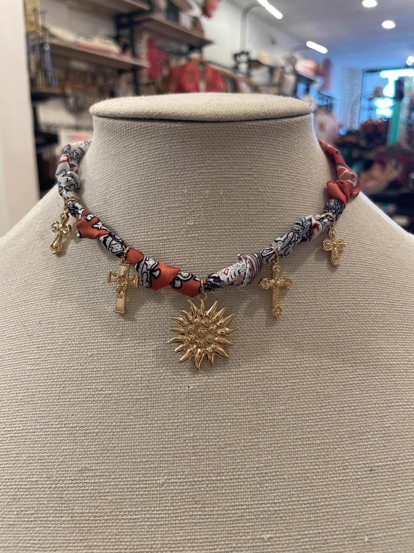 Sun & Multi Cross Charm Scarf Necklace