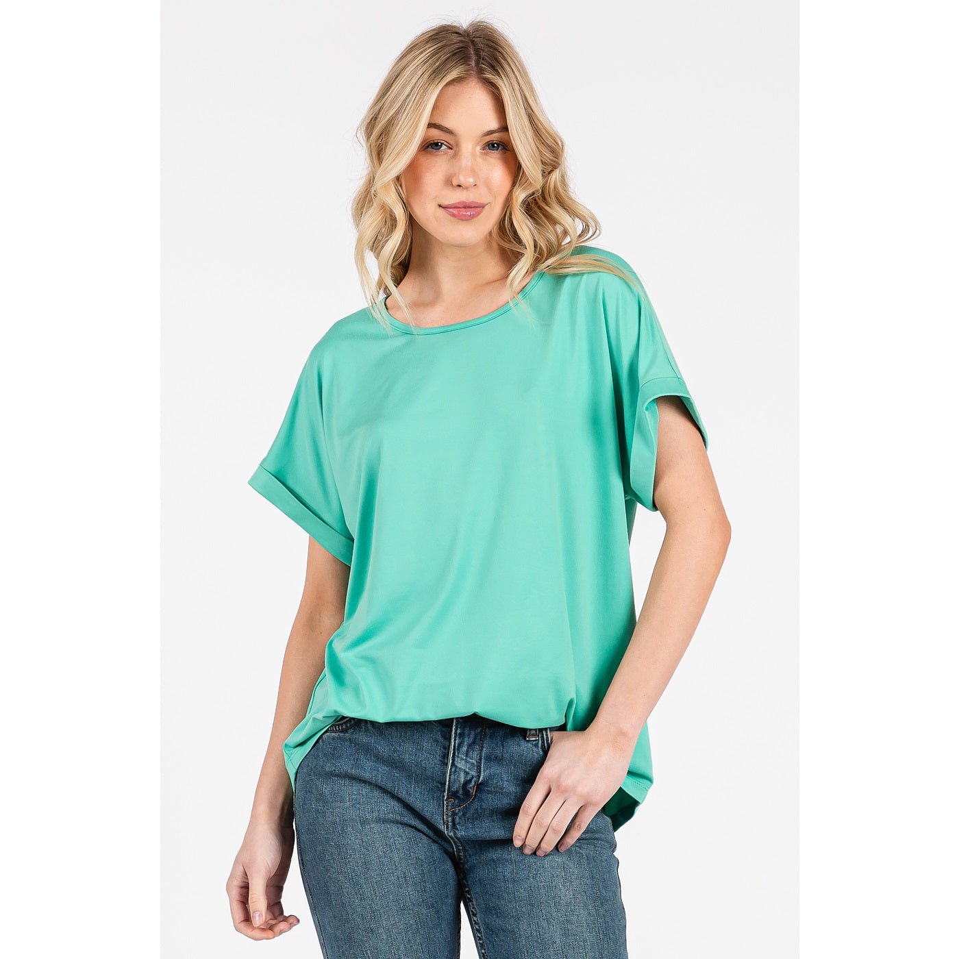 DTY Round Neck Dolman Short Sleeve Knit Top