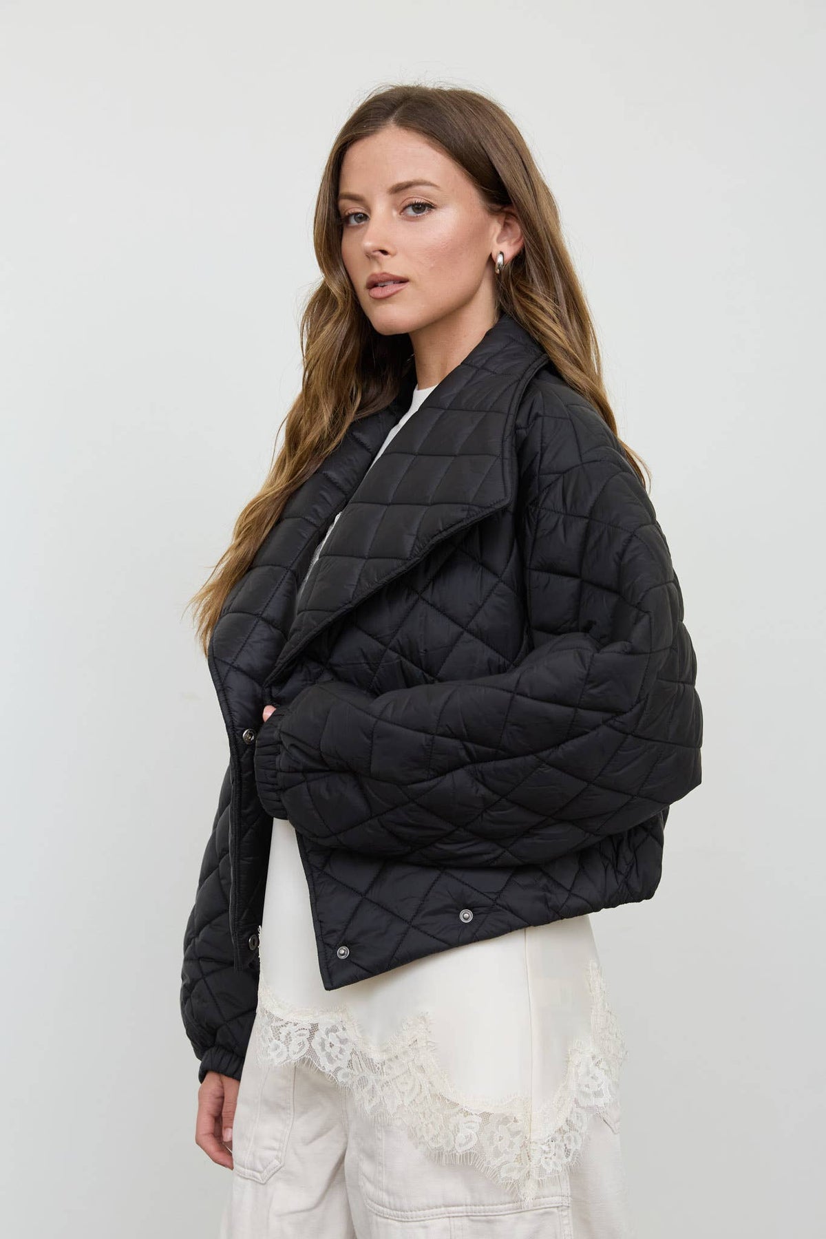 QUILTED SHAWL COLLAR CROPPED JACKET