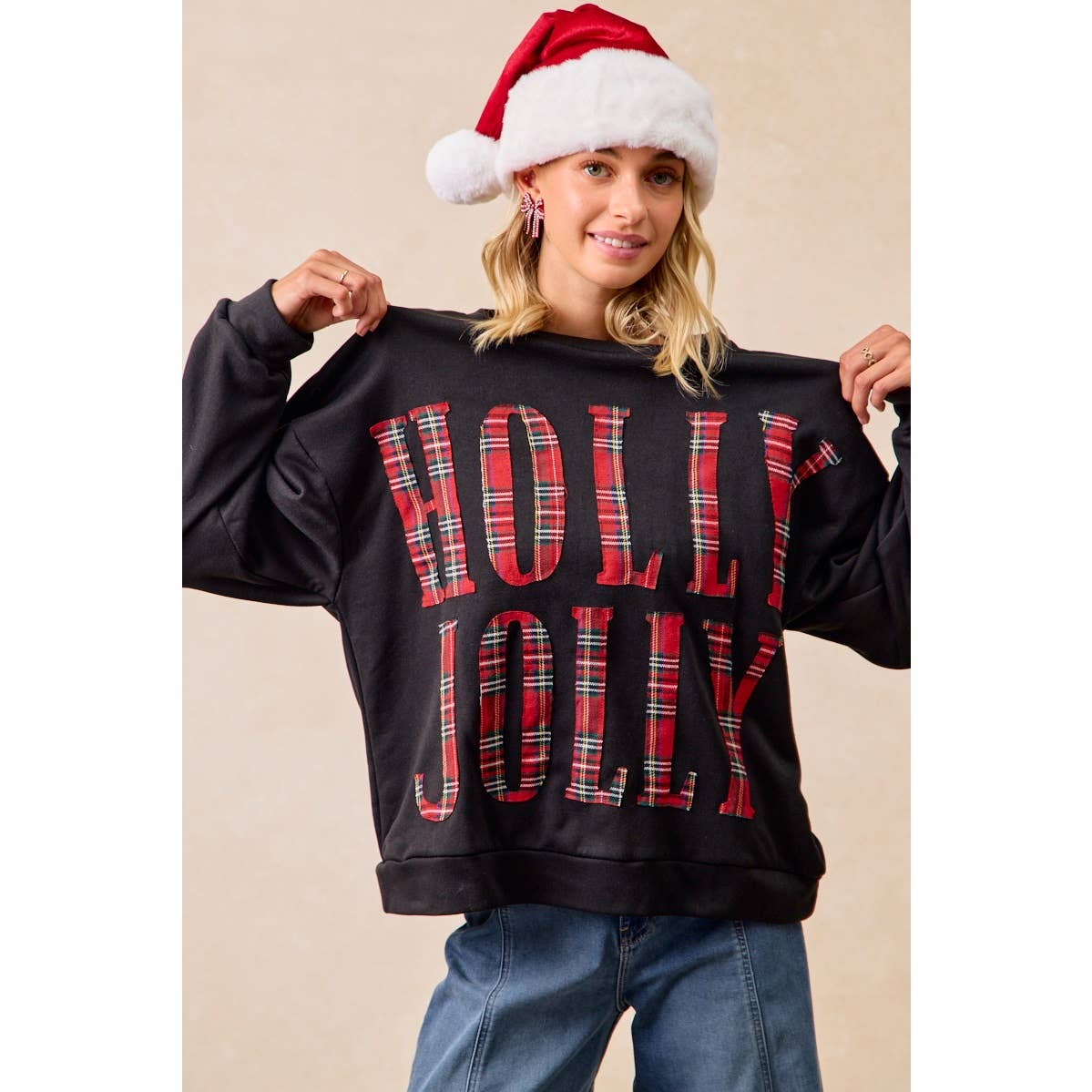 PLAID HOLLY JOLLY LETTERING CHRISTMAS SWEATSHIRT