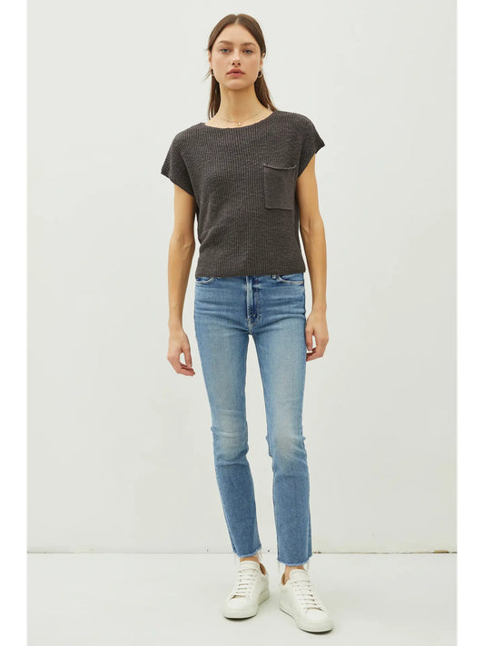 Patch Pocket Dolman Cap Sleeve Knit Top