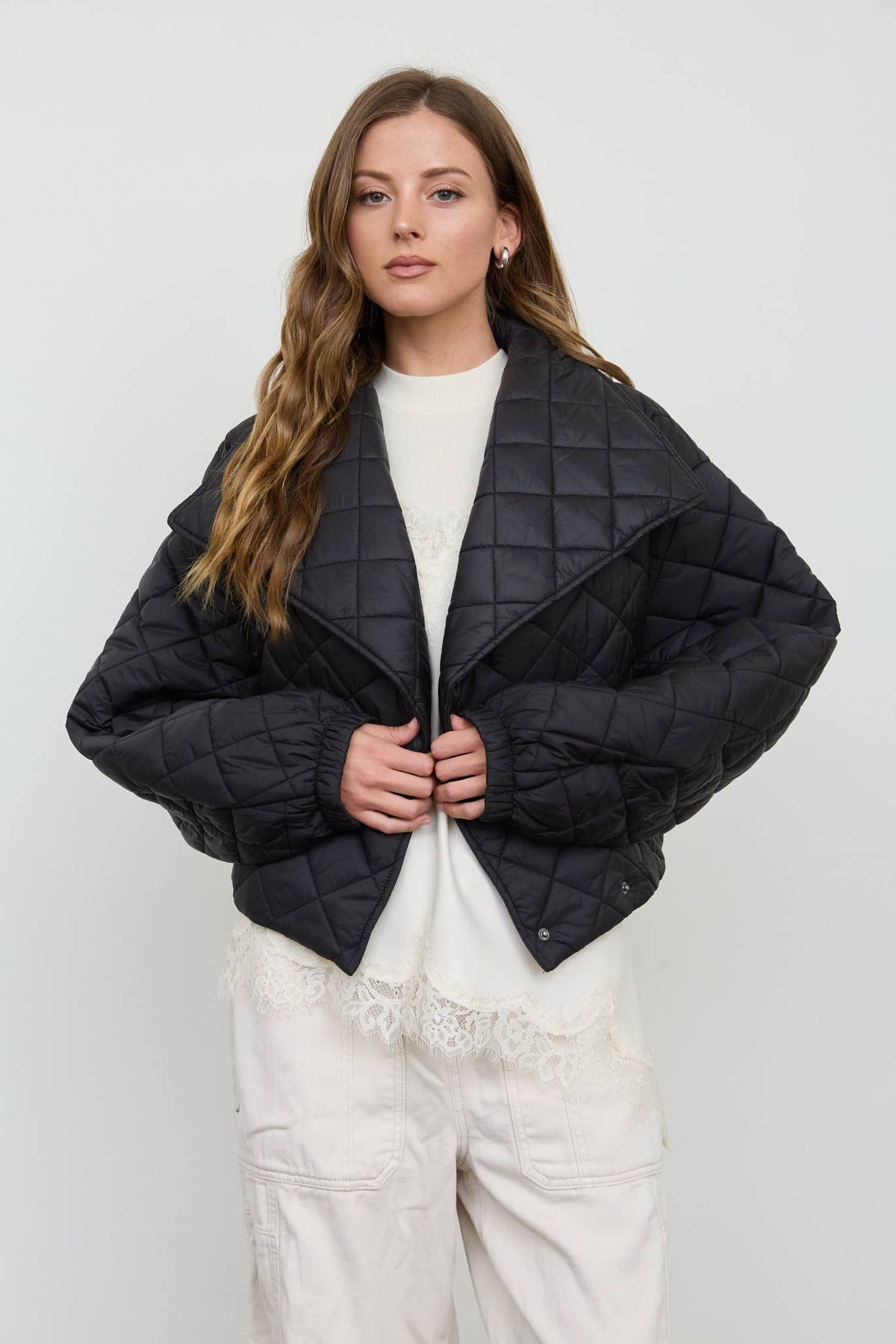 QUILTED SHAWL COLLAR CROPPED JACKET