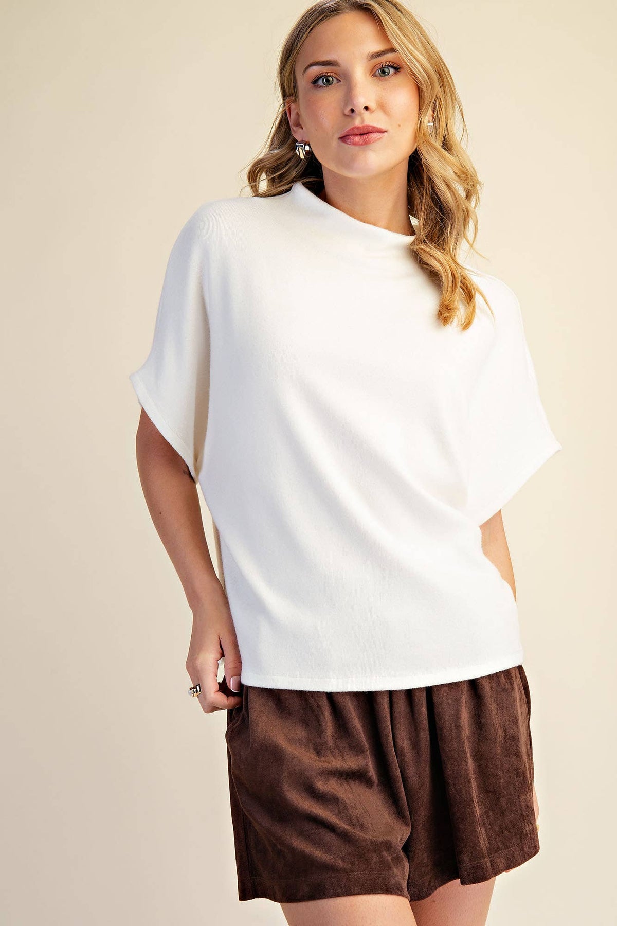 Mock Neck Short Sleeve Pullover Knit Top