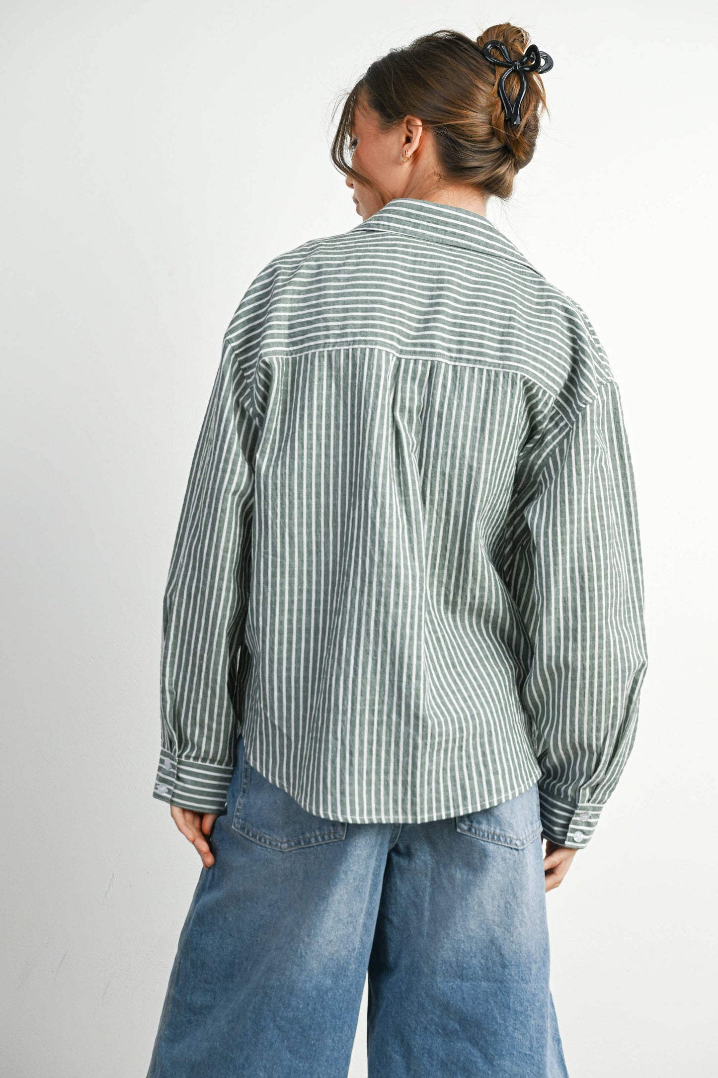 Cropped Striped Button-Up Collared Long Sleeve Top