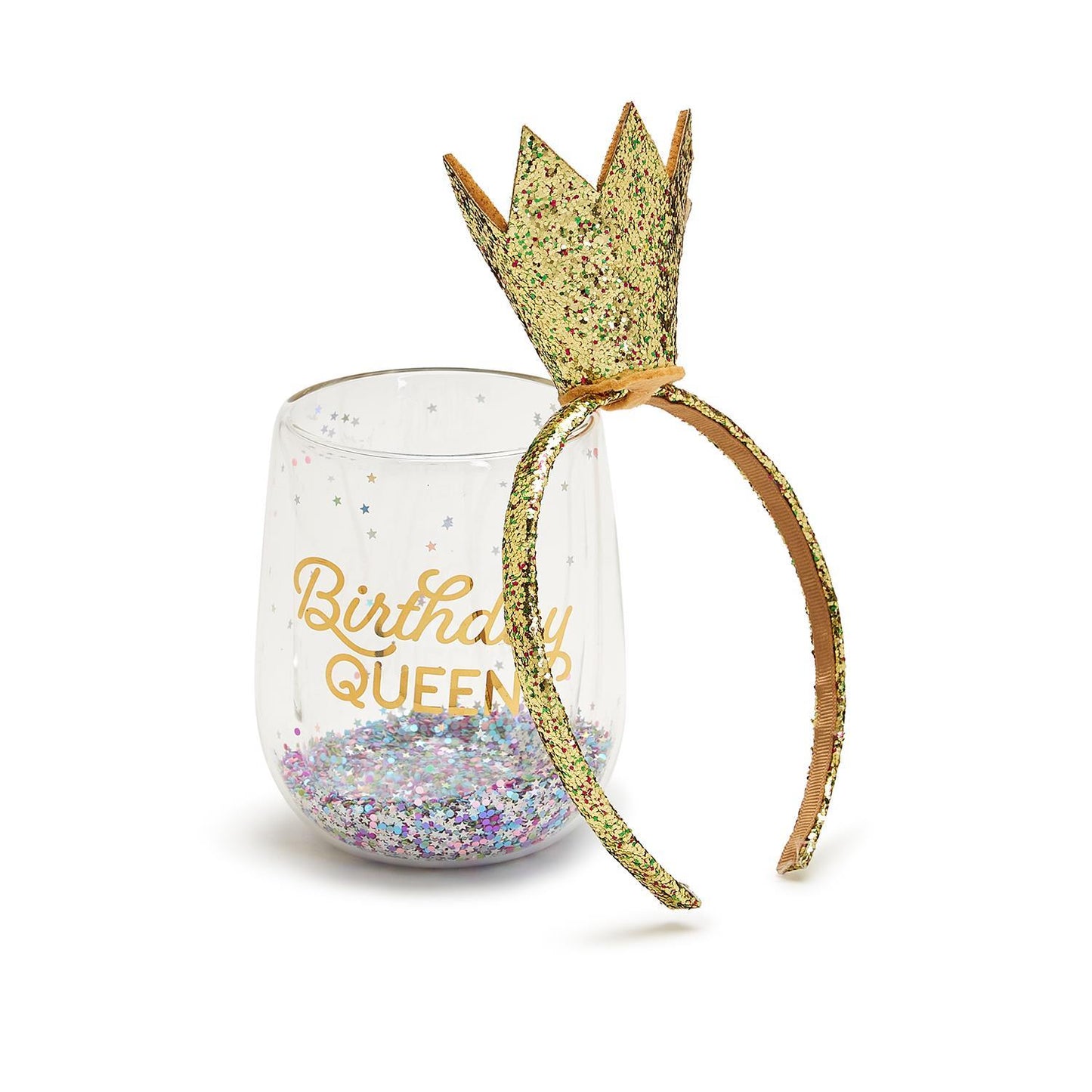 Birthday Queen Double Wall Glitter Stemless Wine Glass and Glitter Crown Headband Two's Company
