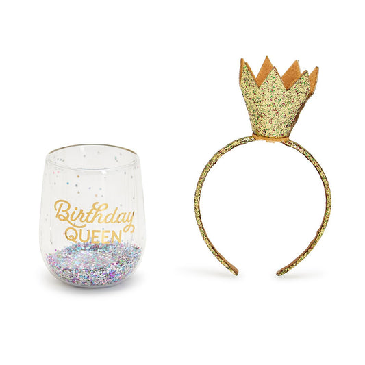 Birthday Queen Double Wall Glitter Stemless Wine Glass and Glitter Crown Headband Two's Company