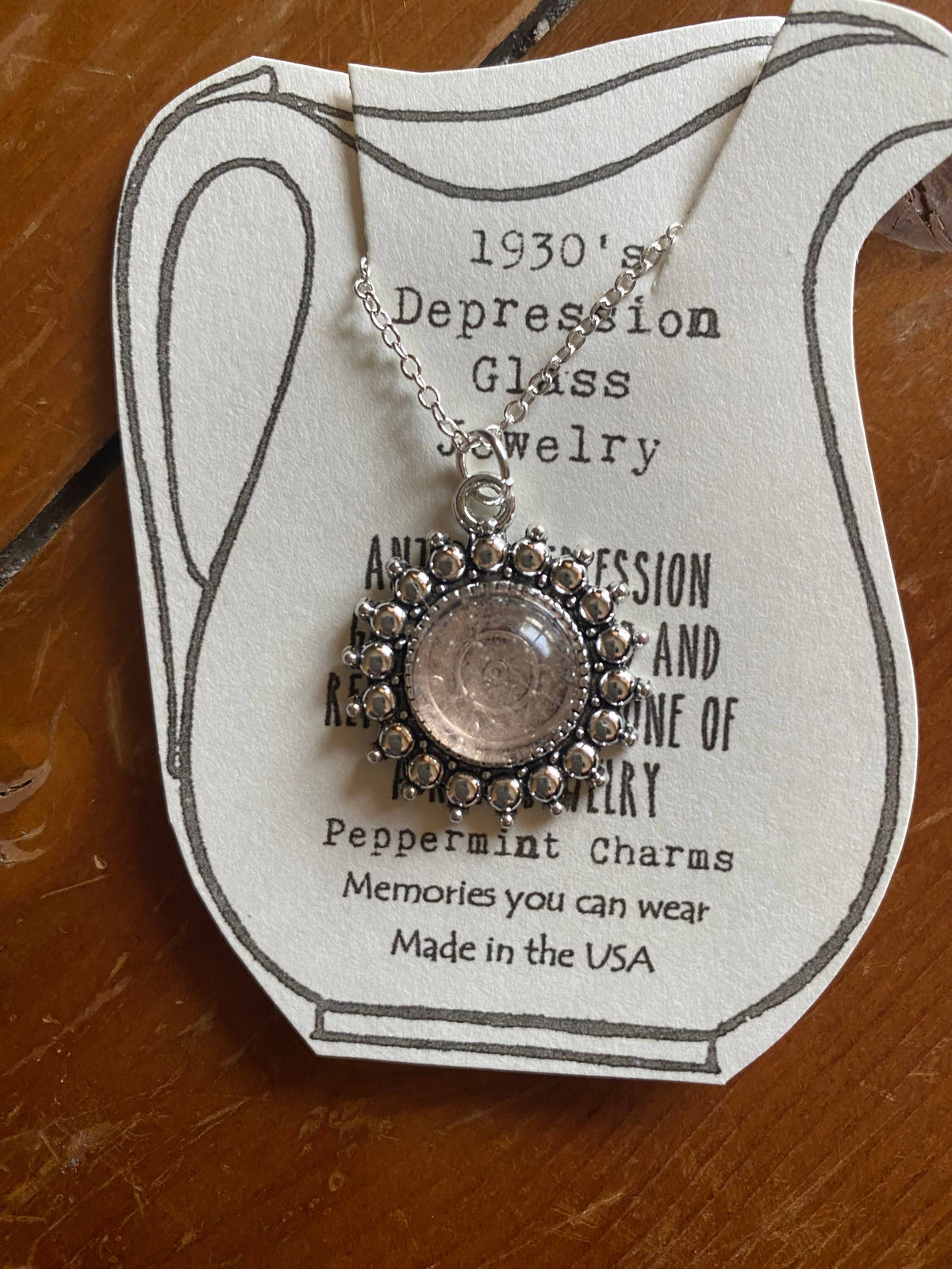 Pink Depression glass round dot silver pendant (Copy)