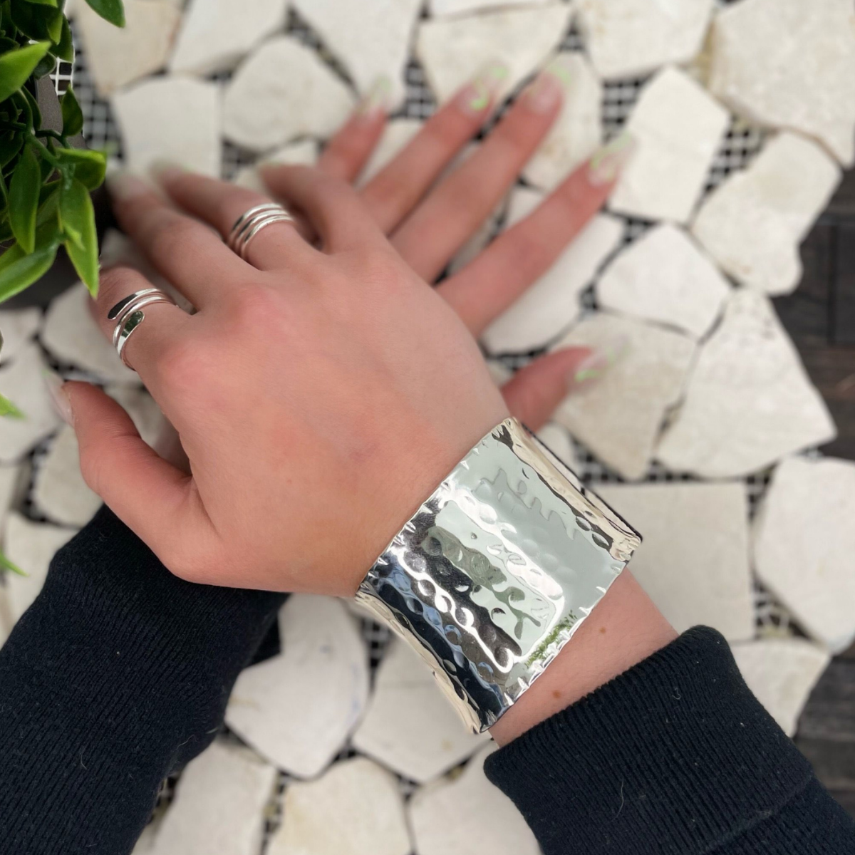 Silver Plated Adjustable Cuff Bracelet - Hammered Wide Cuff