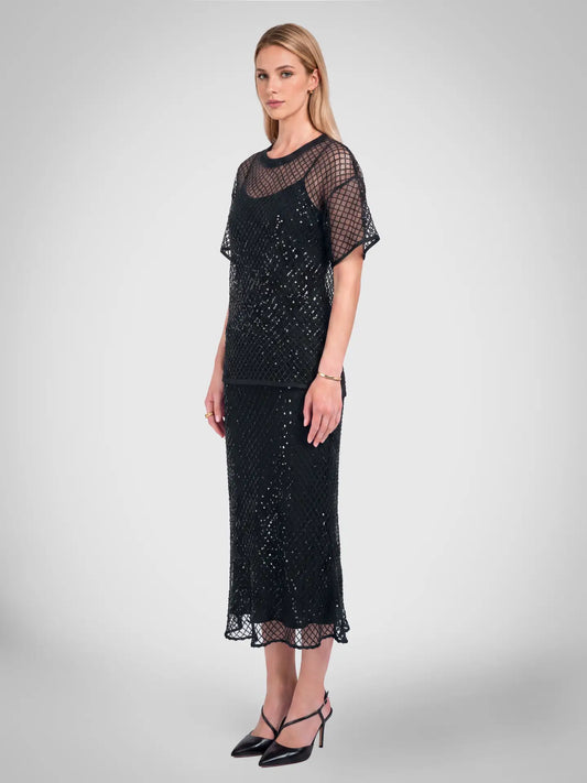 Sequin Mesh Overlay Midi Skirt