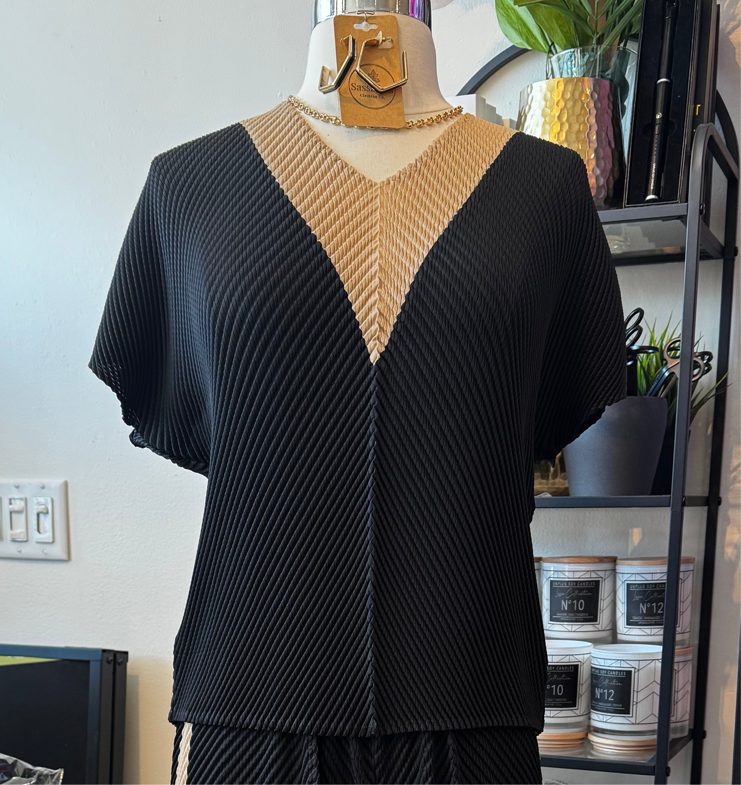 V-Neck Short Dolman Sleeve Pleated Top