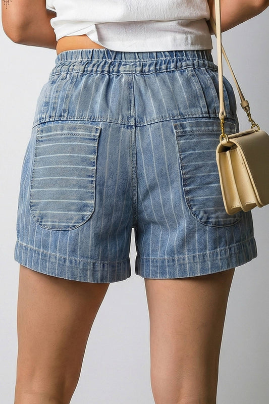 Stripe Drawstring Pleat High Waist Denim Shorts | 4-16