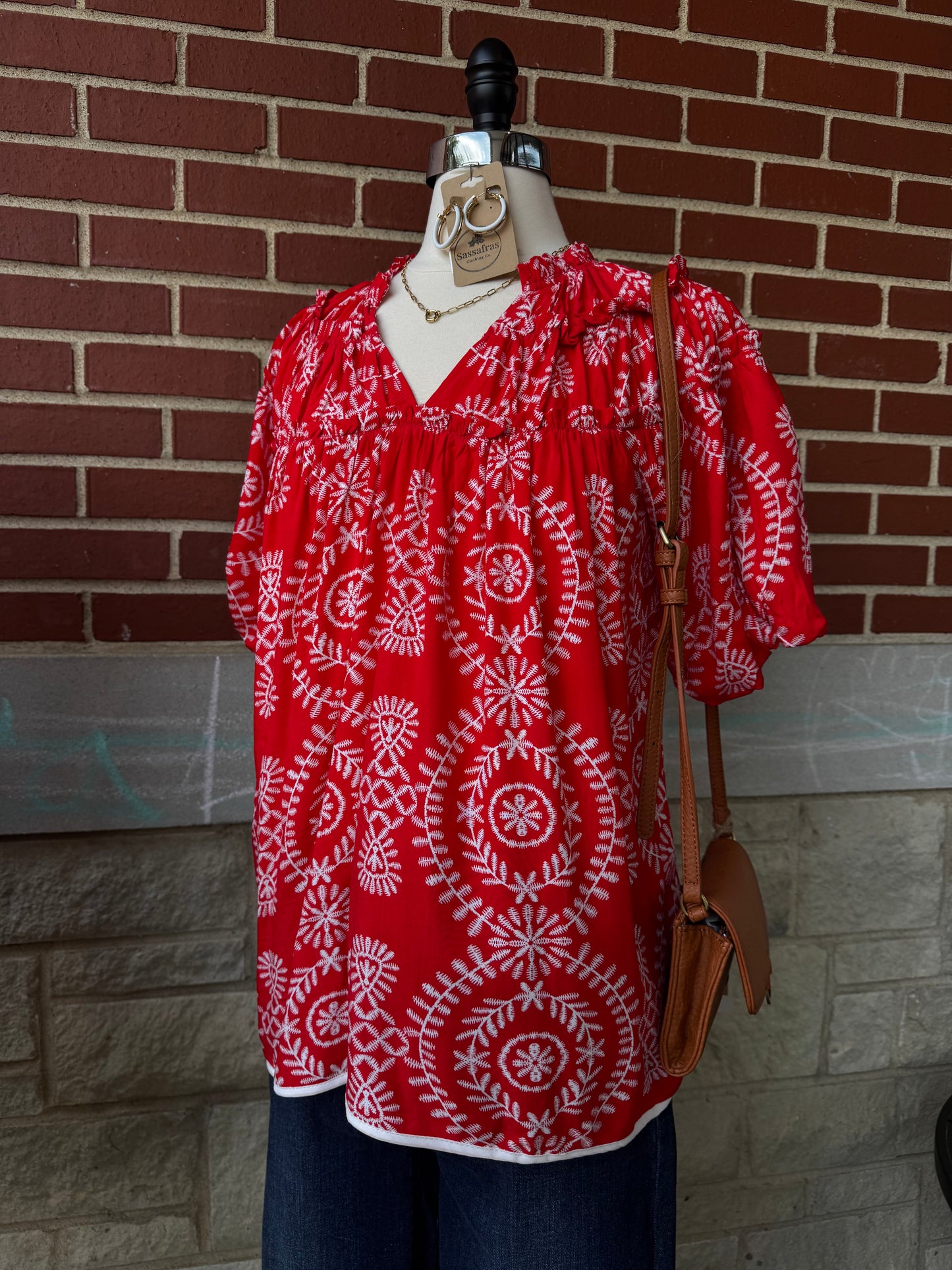 Ruffle Neckline with Shirring Short Balloon Sleeves Top
