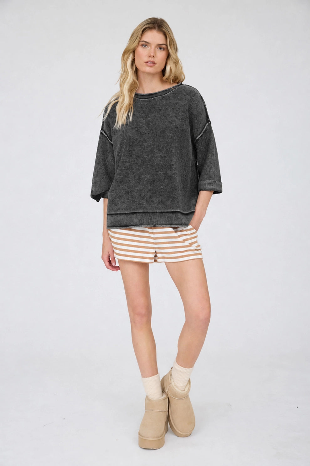 Washed Inverted Seam Short Sleeve Sweatshirt