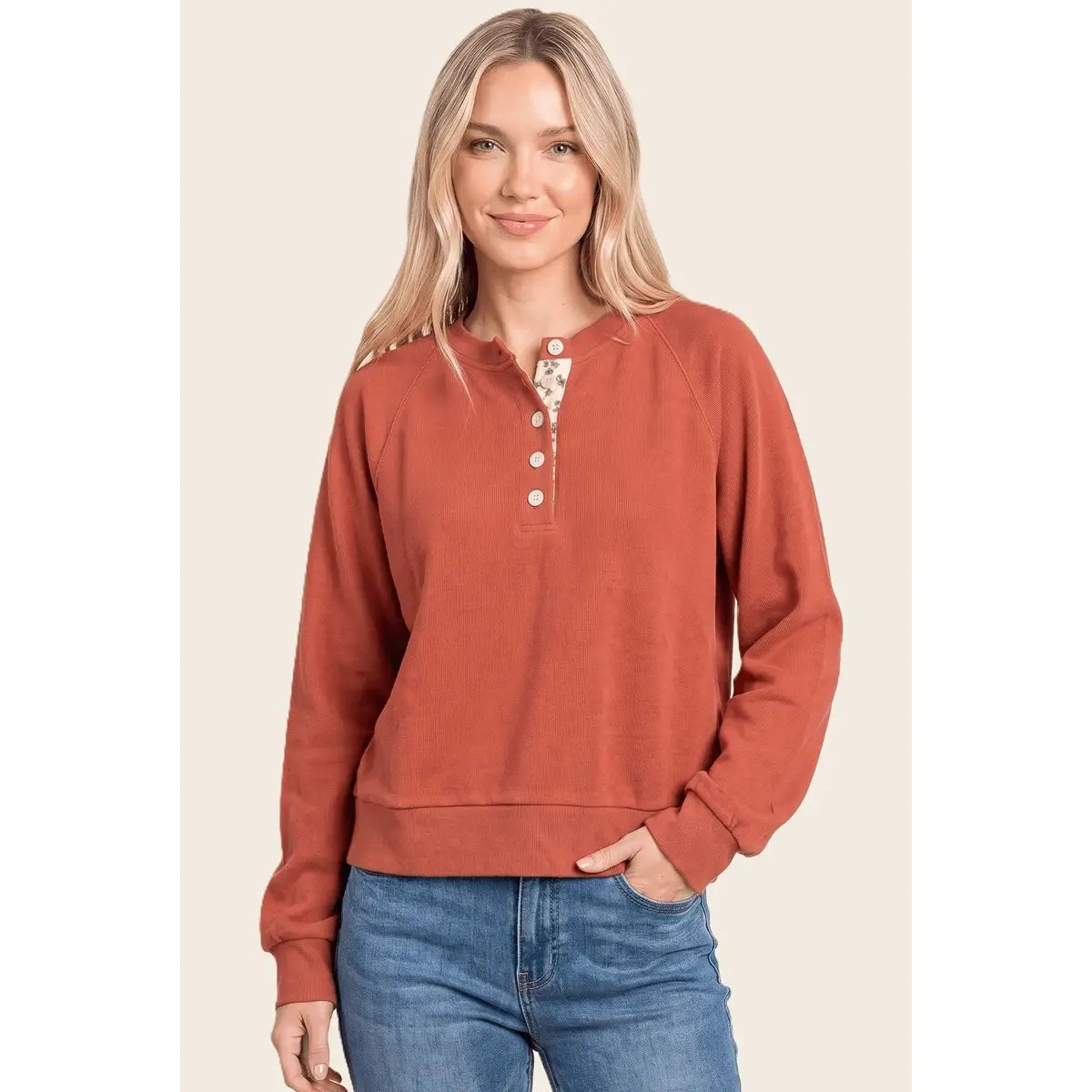 Henley Floral Placket Solid Top