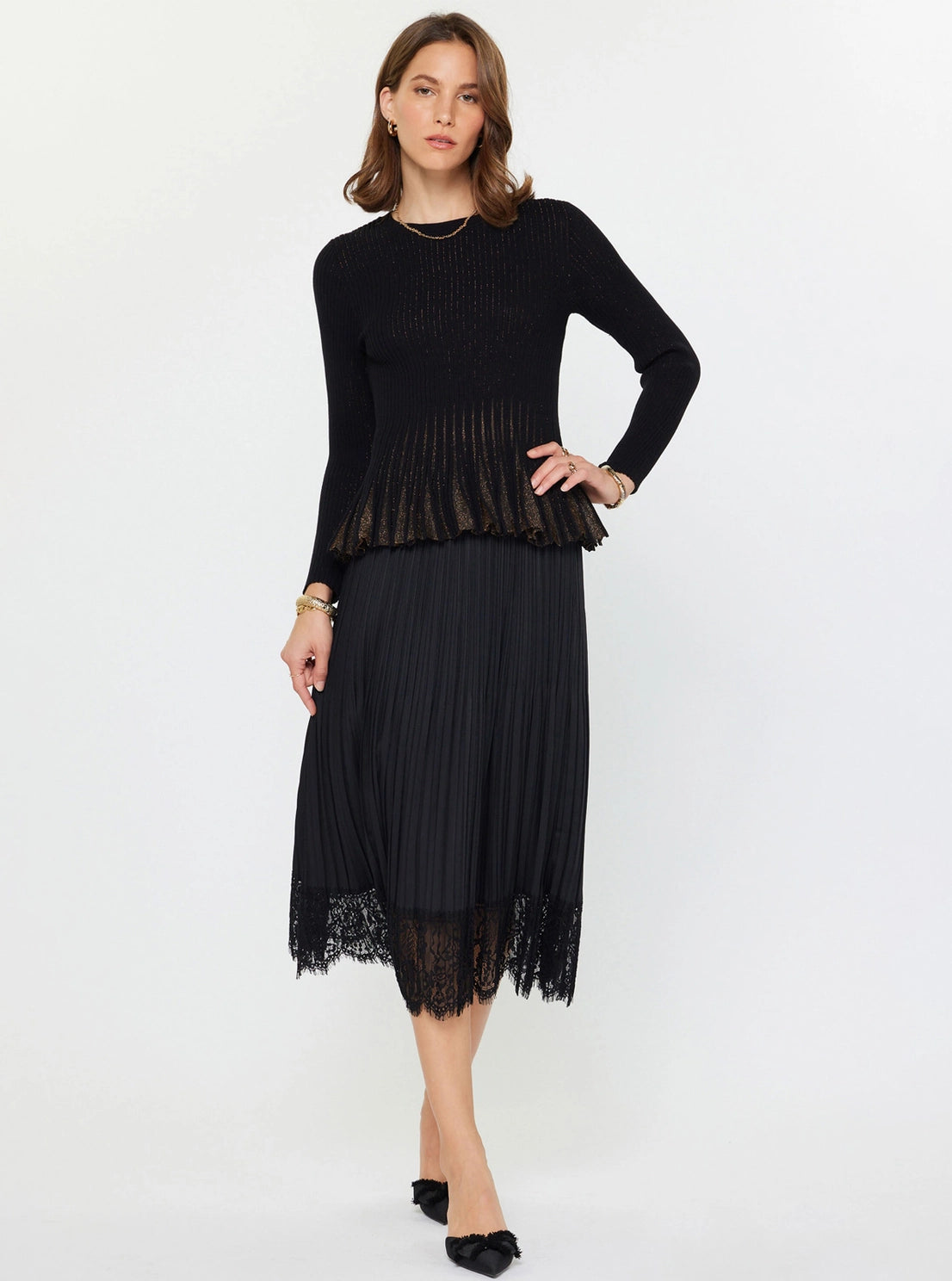 Long Sleeve Round Neck Knit Top with Gold Accent Detail