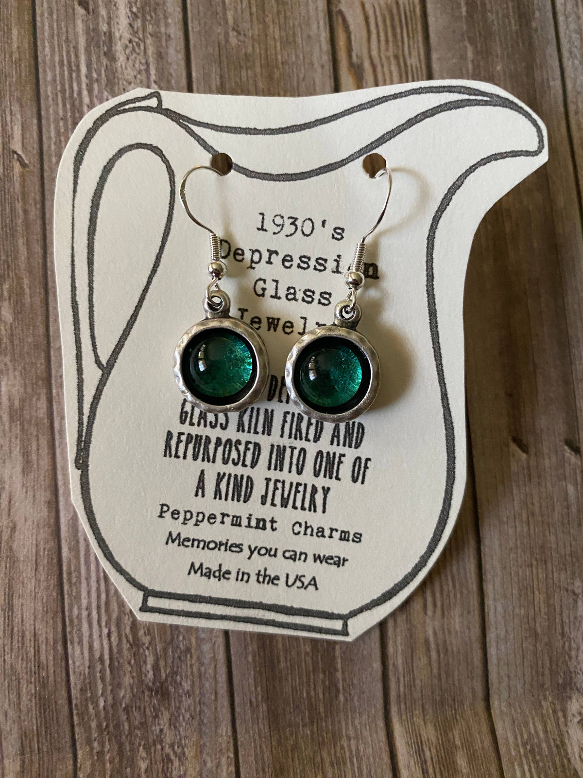Teal green Depression glass hammered bevel earrings sterling