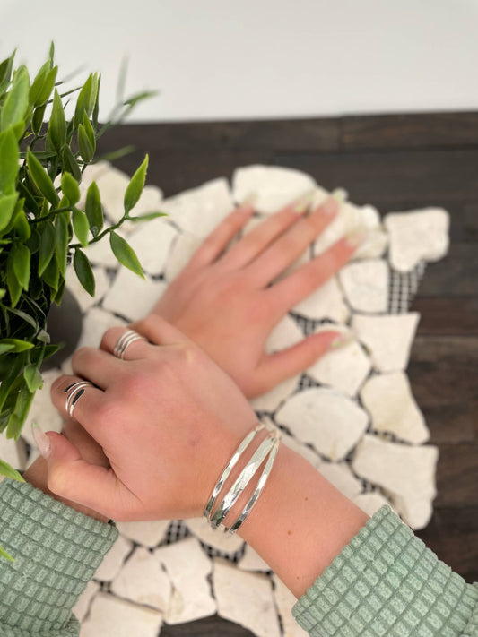 Silver Plated Adjustable Cuff Bracelet - Stacked Thin Bands