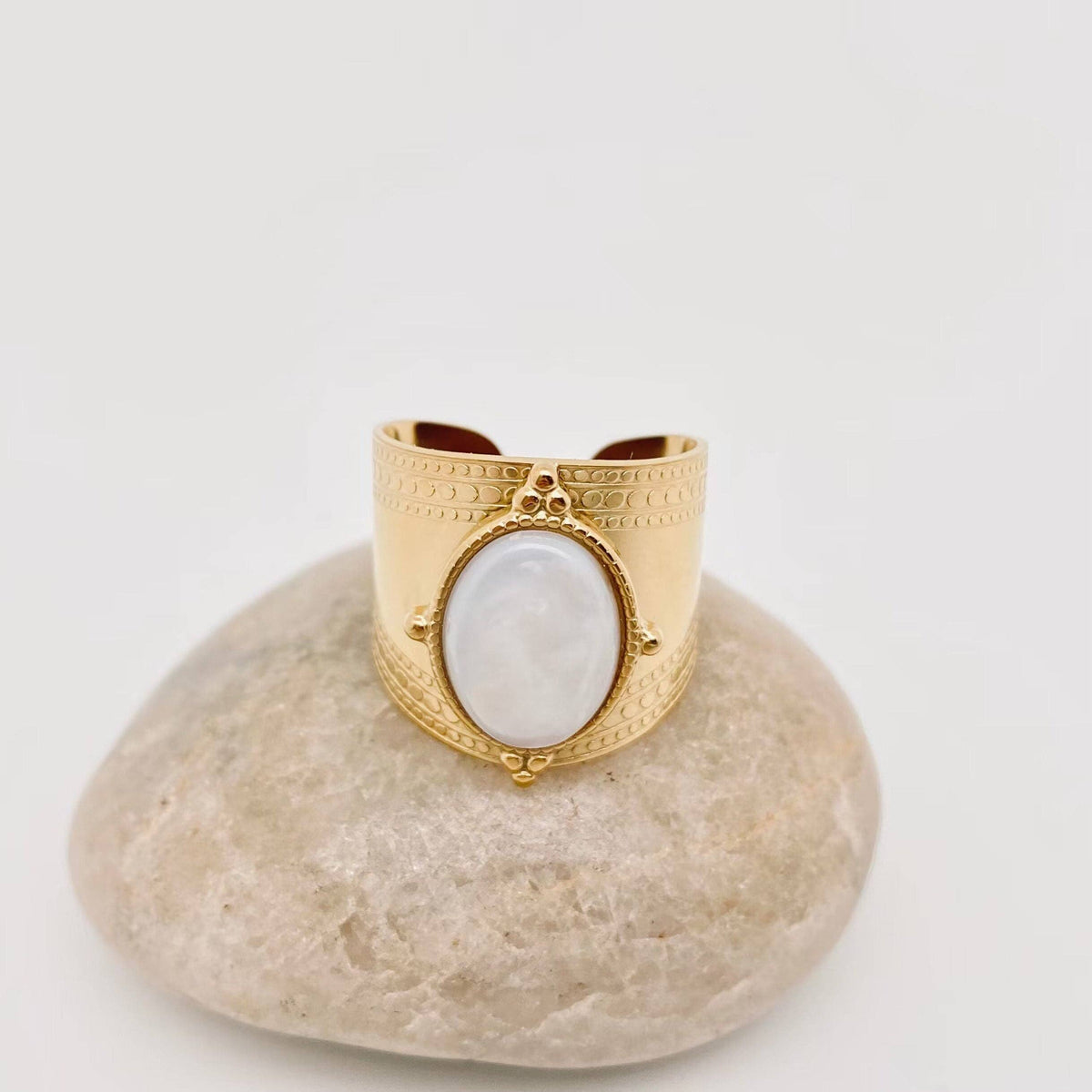 Vintage Stainless Steel Inlaid Natural Stone Rings - FGS/CS