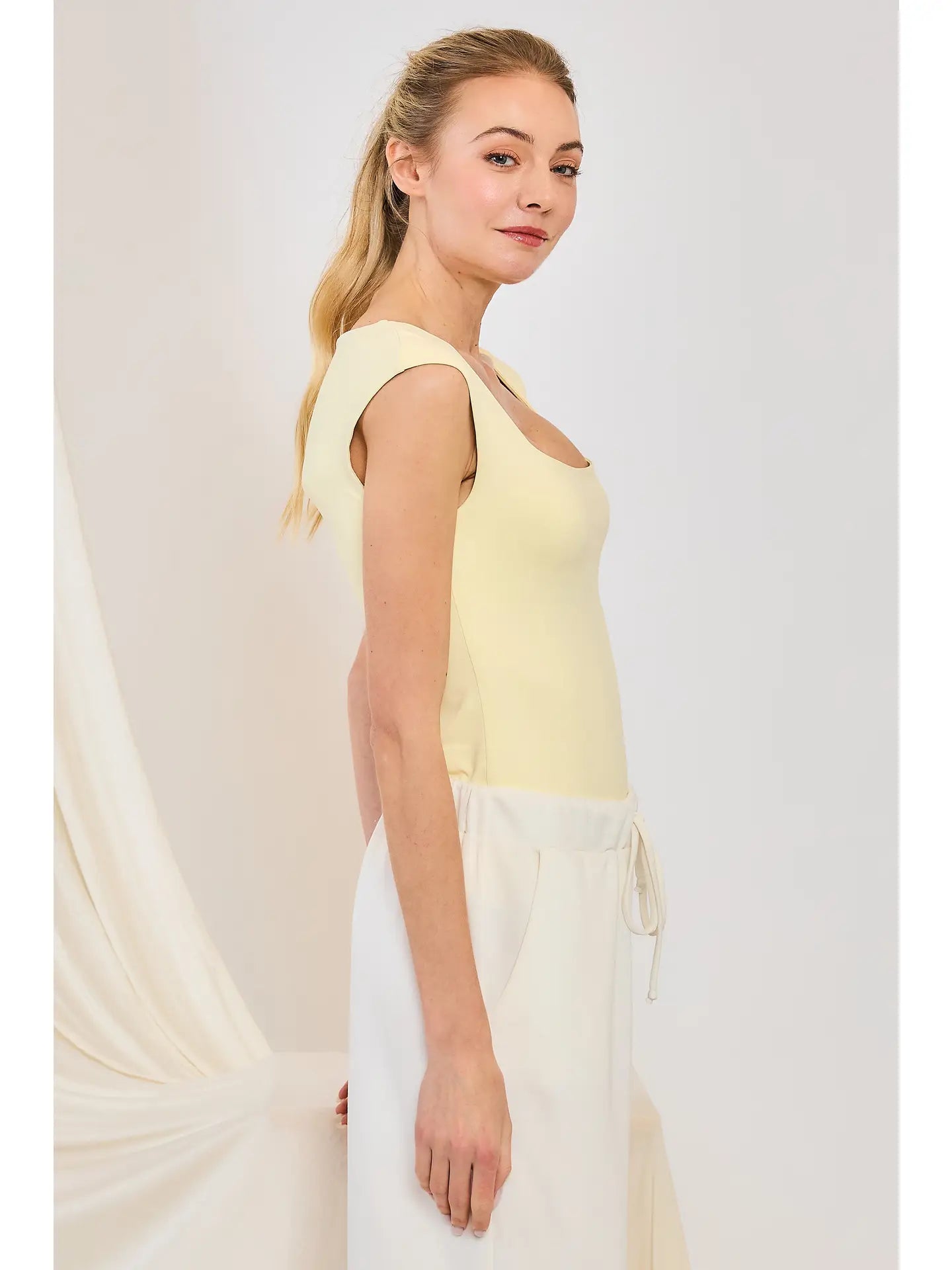 Butter Knit Double Layer Square Neck Wide Shoulder Top