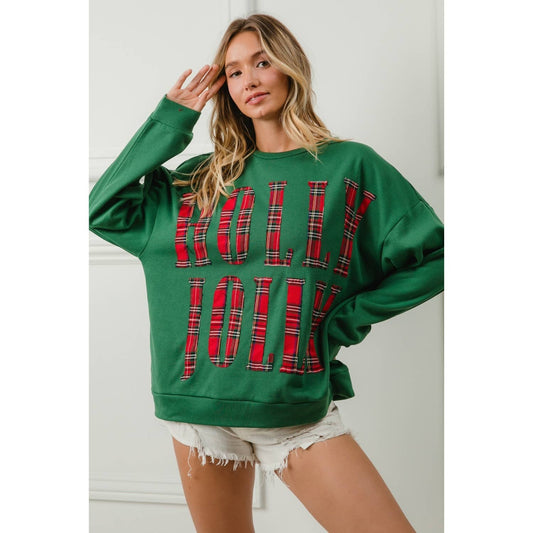 PLAID HOLLY JOLLY LETTERING CHRISTMAS SWEATSHIRT