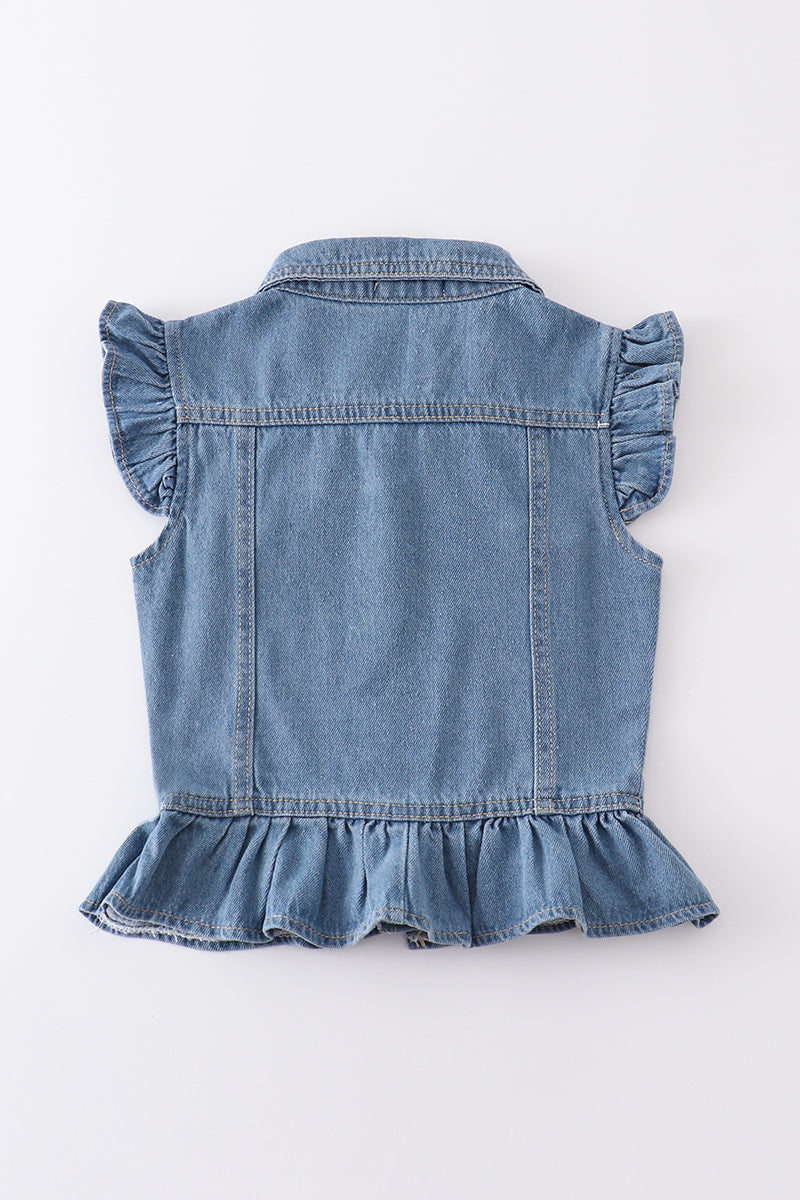 Girls - Ruffle Sleeve Denim Vest Honeydew