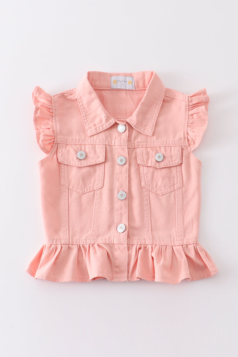 Girls - Ruffle Sleeve Denim Vest Honeydew