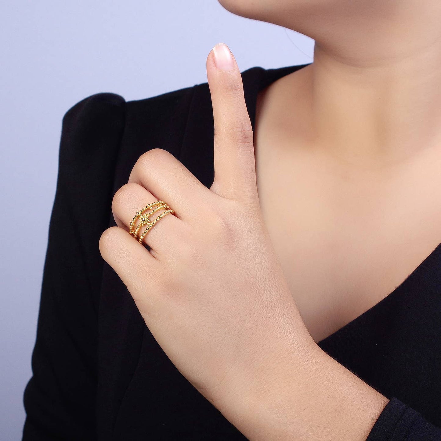 Elegant Triple Band Gold Dotted Adjustable Statement Ring