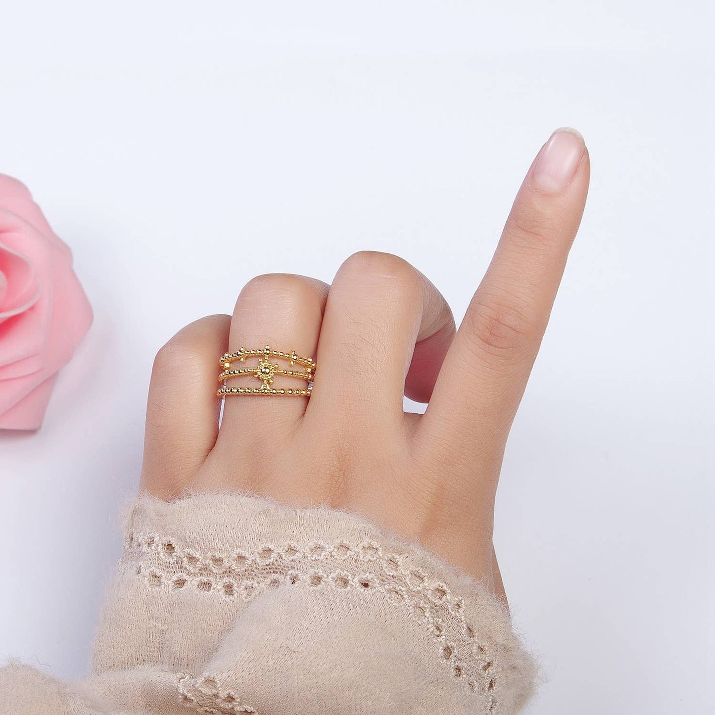Elegant Triple Band Gold Dotted Adjustable Statement Ring