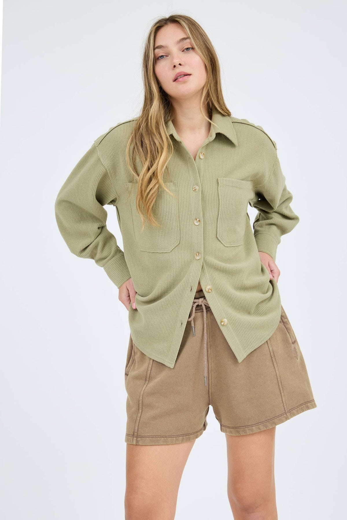 RIB KNIT EXPOSED SEAM BUTTON UP TOP
